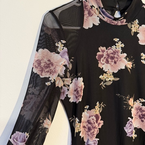 Floral Bodycon Mesh Dress with Long Sleeves and Key Hole Back Black Pink Midi - Picture 2 of 7